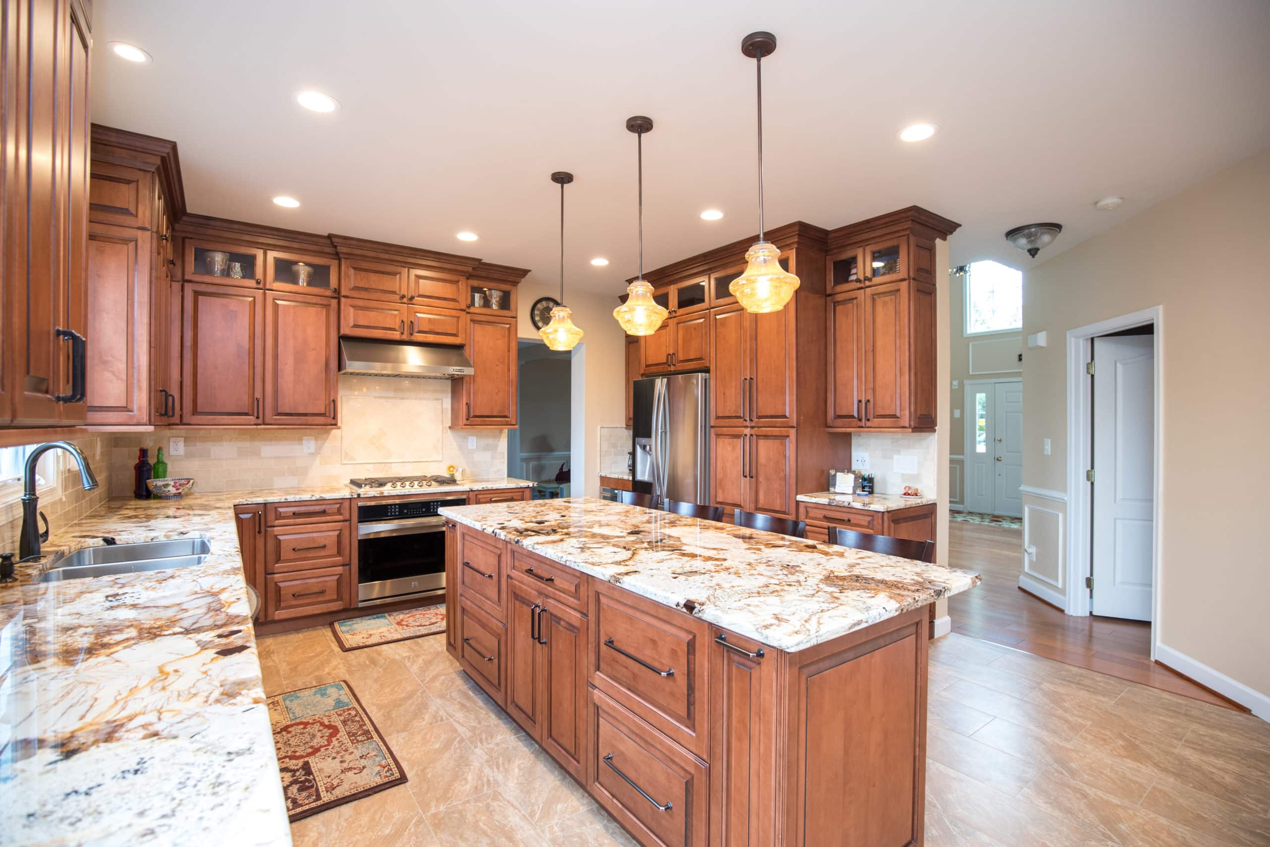 Kitchen with granite countertops and wood cabinets
