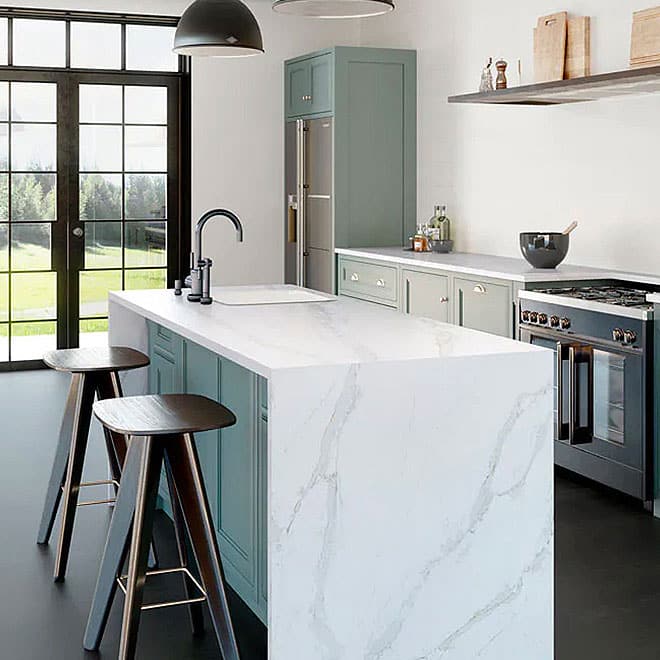 Silestone 10 Kitchen with white marble counter tops and black stools.