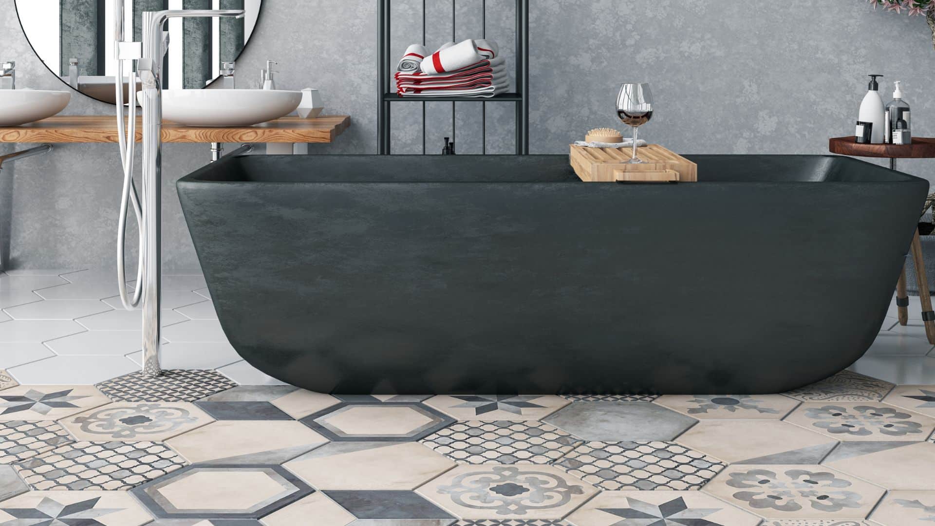 Flor de Lis Tiles With Subway Tile Wainscotting And Satin Walls