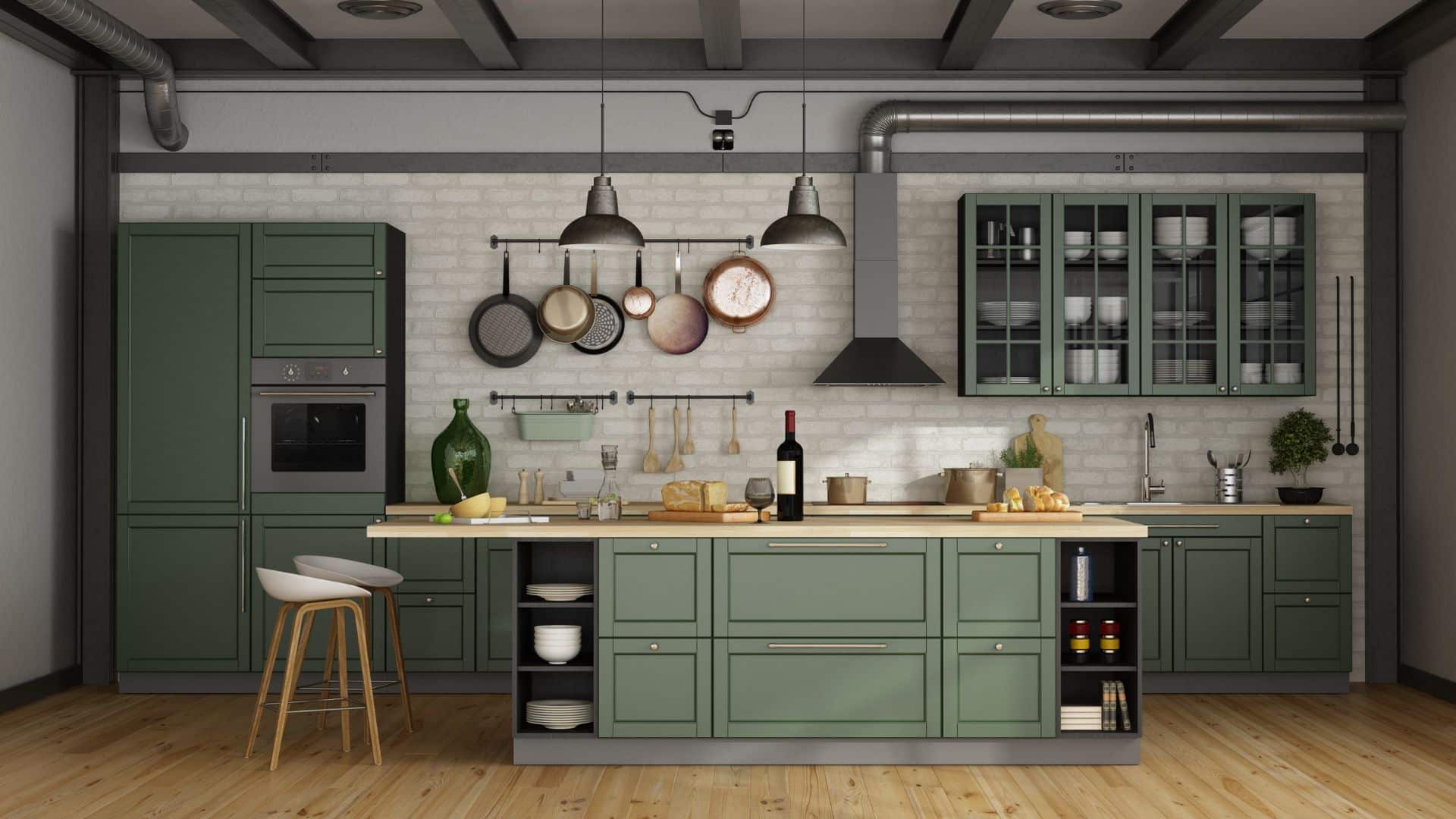 Forest Green Cabinets with Stunning Marble