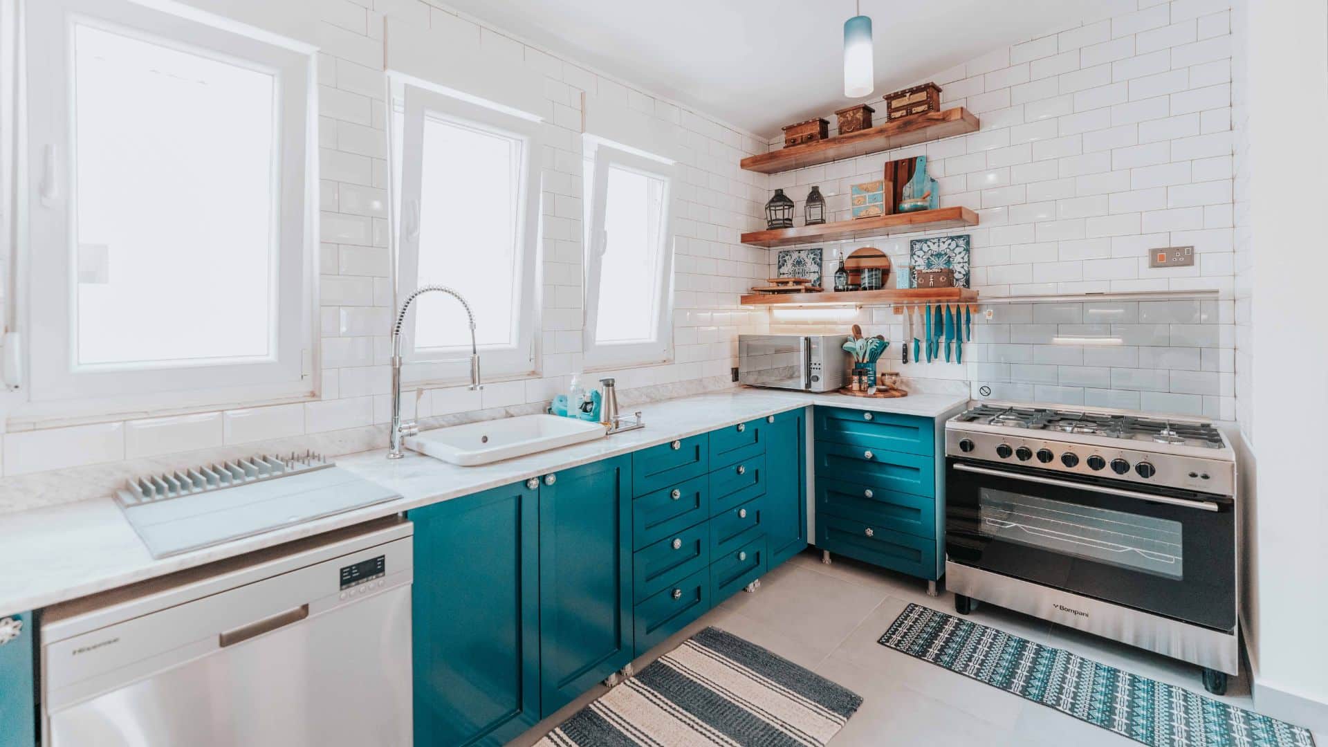 Teal Kitchen Cabinets With Brass Inlay