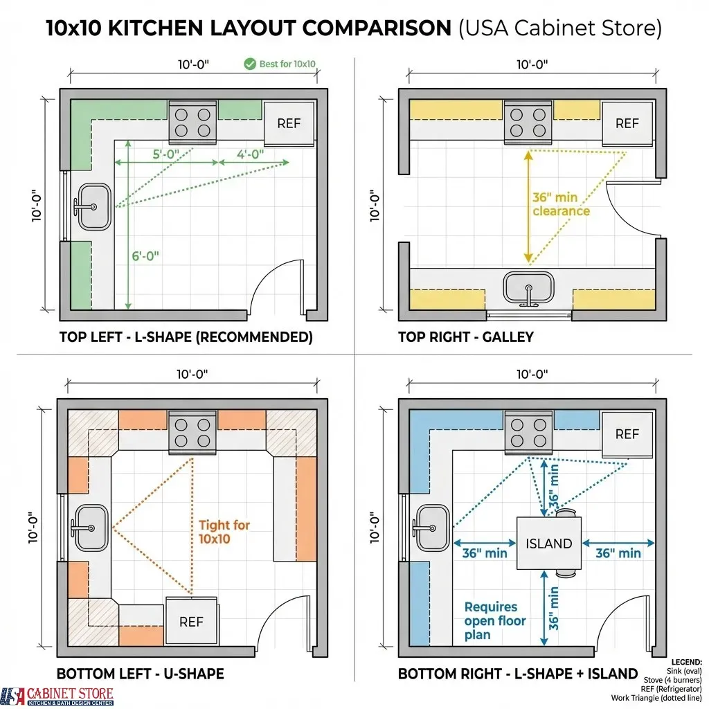 How Much Does a 10×10 Kitchen Remodel Cost in 2026? 21 10x10 kitchen layout comparison floor plans showing four configurations: L-shape recommended layout with work triangle measurements, galley with 36-inch minimum clearance, U-shape noted as tight for 10x10, and L-shape plus island requiring open floor plan - with sink stove and refrigerator placement