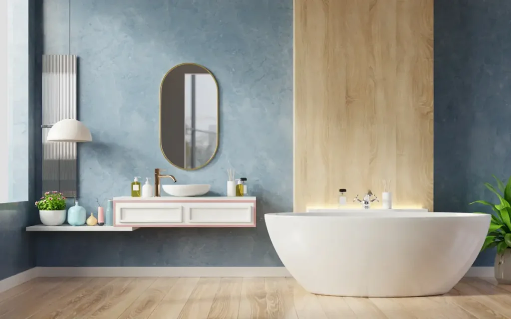 21 Bathroom Remodeling Ideas to Transform Your Space in 2025 1 blue and wooden bath