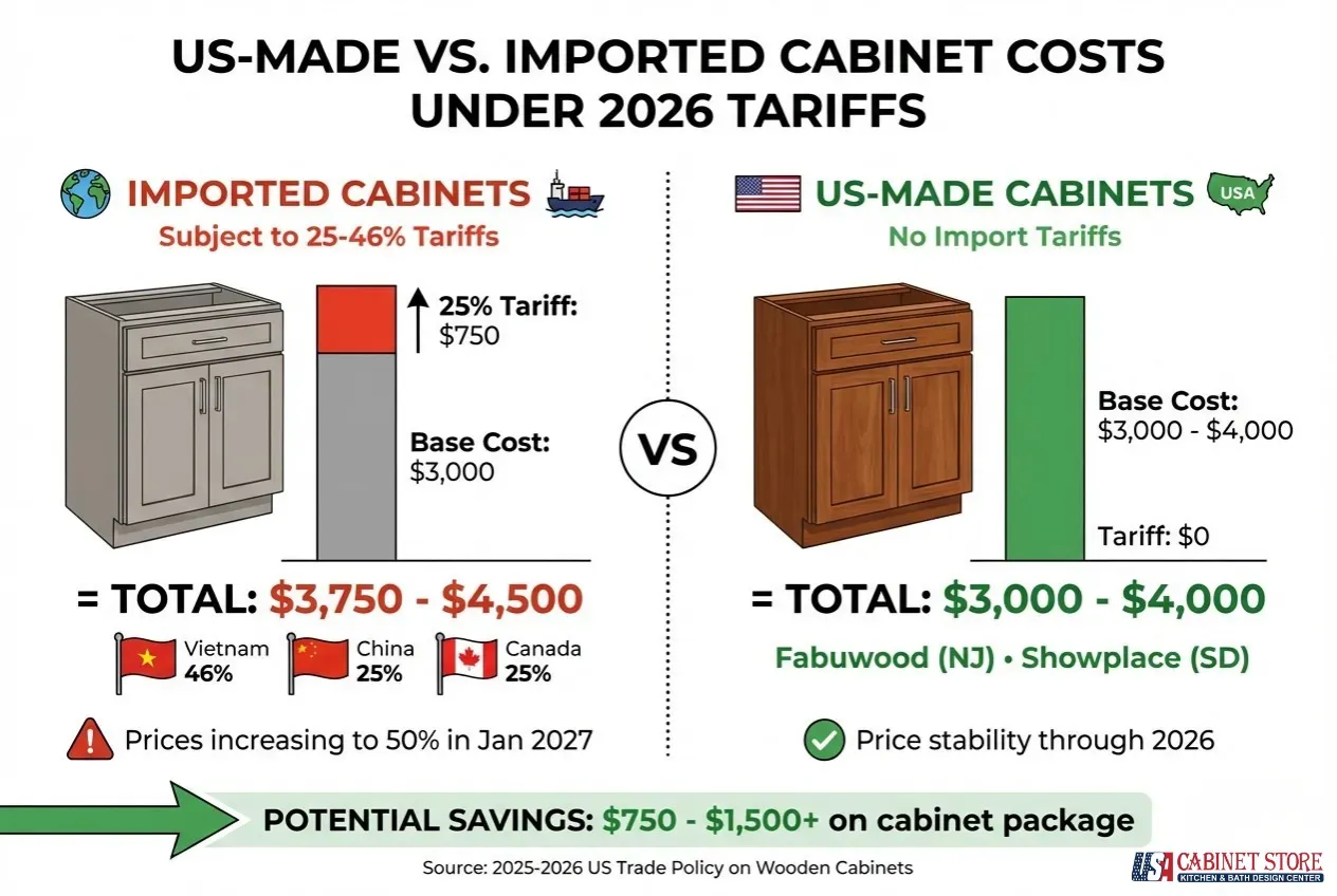 How Much Does a 10×10 Kitchen Remodel Cost in 2026? 16 2026 cabinet tariff comparison infographic showing imported cabinets subject to 25-46% tariffs from Vietnam China and Canada totaling $3,750-$4,500 versus US-made cabinets from Fabuwood New Jersey and Showplace South Dakota with no import tariffs at $3,000-$4,000 - potential savings $750-$1,500 on cabinet package