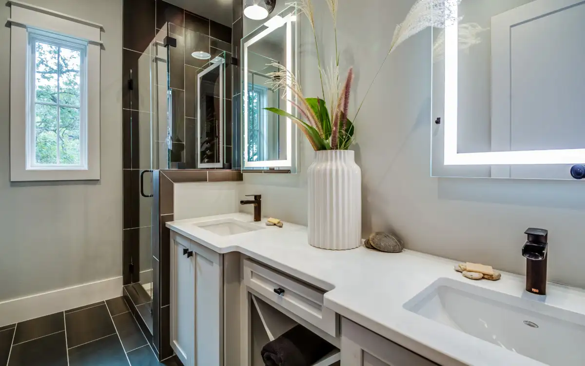 kitchen with led mirrors and lighting