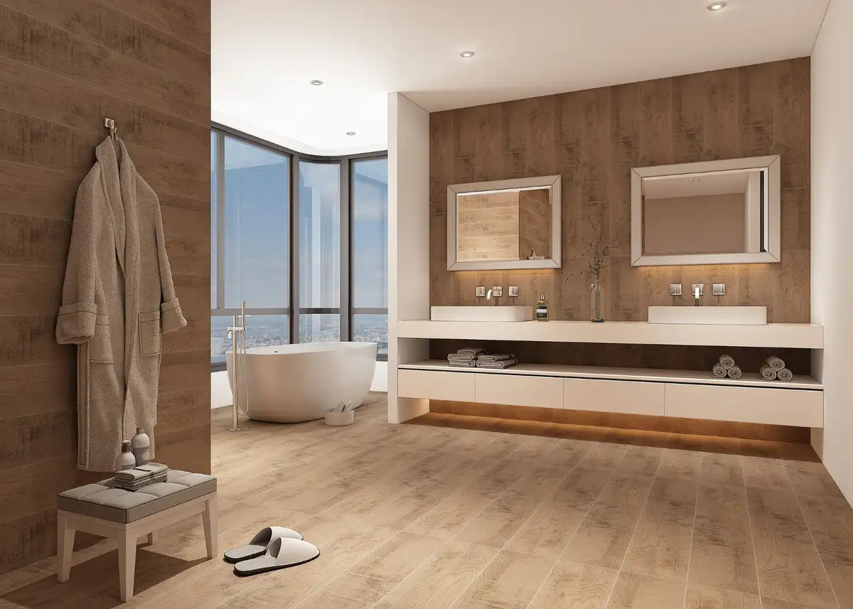 bath with wood like tiles