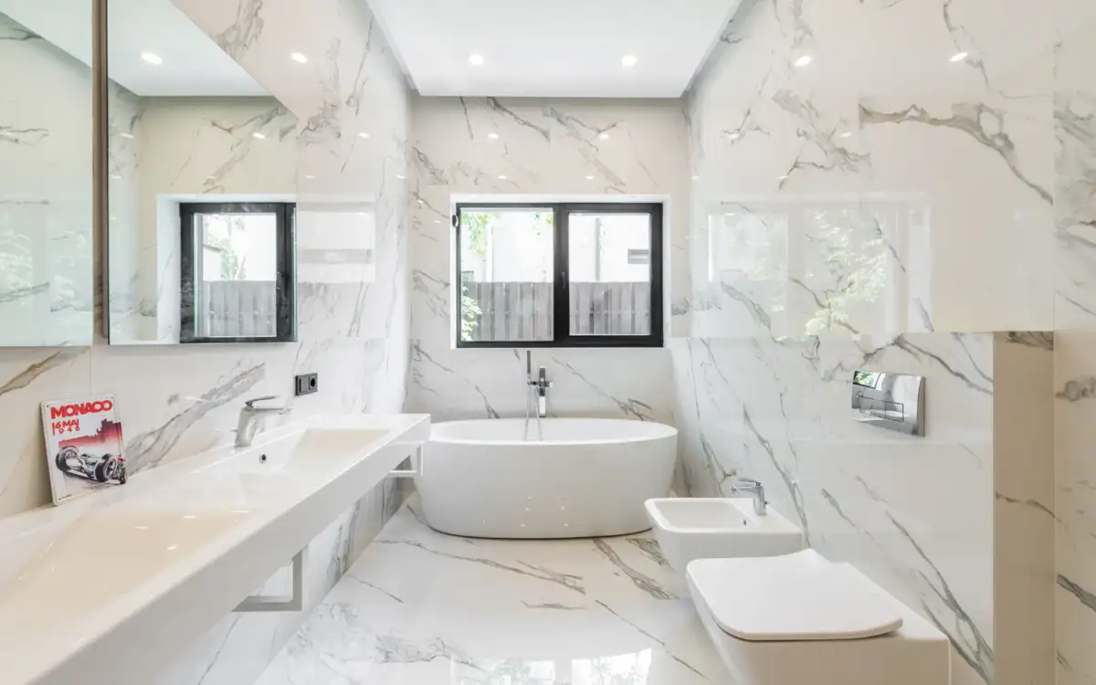 white bathroom large format tile