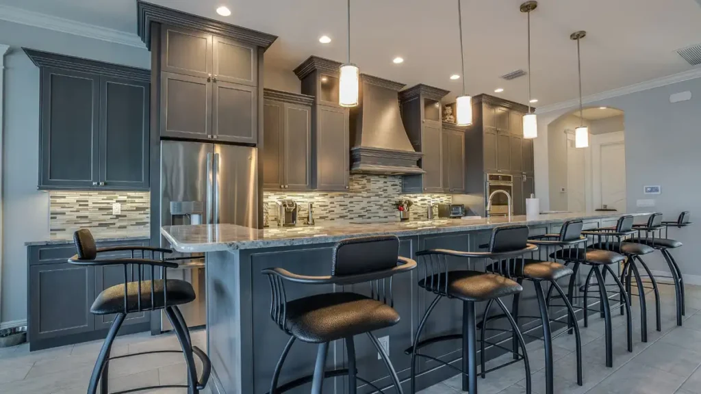 Concrete Countertops and Gray Cabinets used in kitchen design