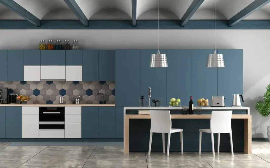 Remodeled blue kitchen cabinets
