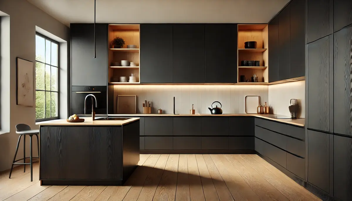 black kitchen cabinets and wooden floor