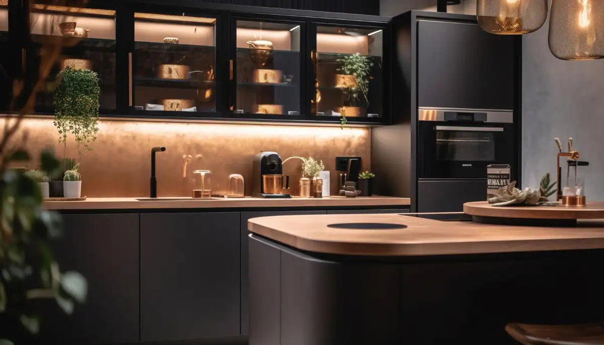 black kitchen cabinets with glasses