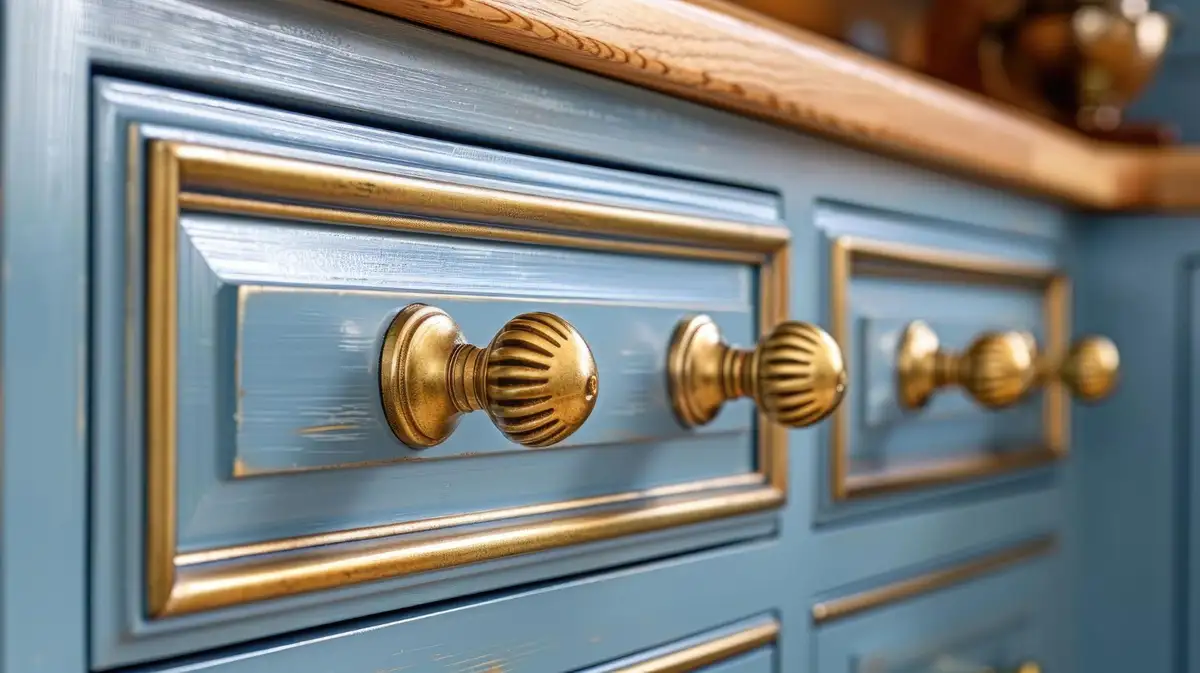 blue cabinets with antique details