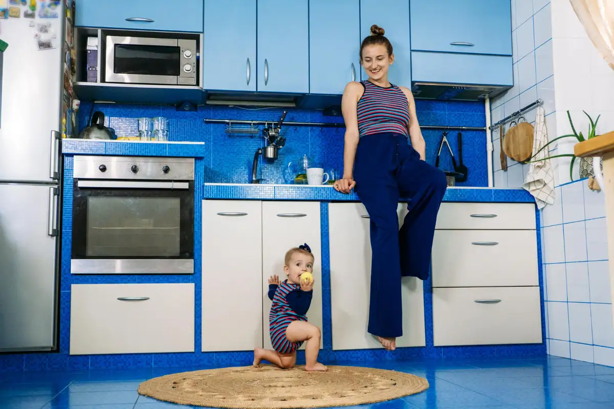 blue in the upper cabinets and white in the lower cabinets.