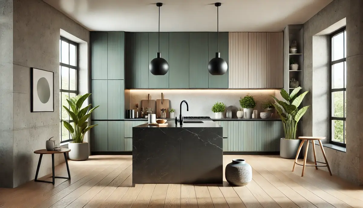 A dark colored island contrasting with pastel toned cabinets