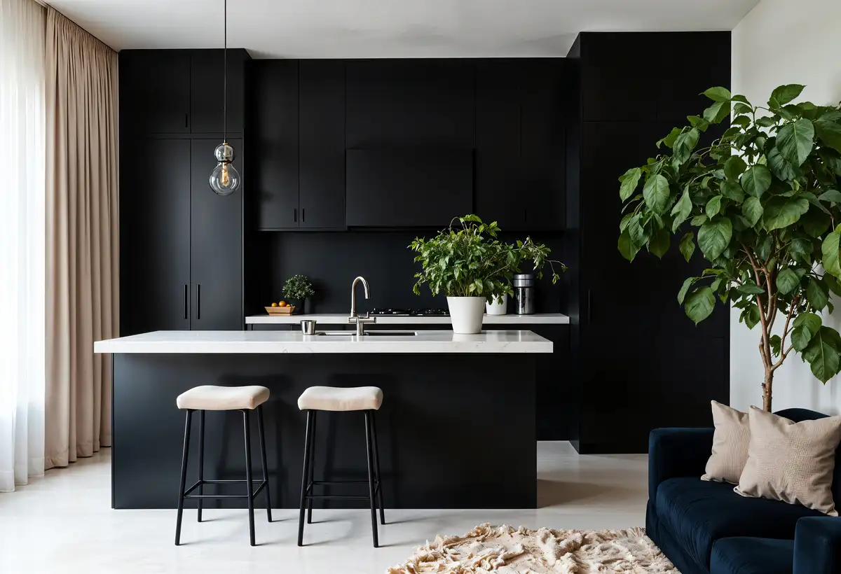 elegant black cabinets and white countertops