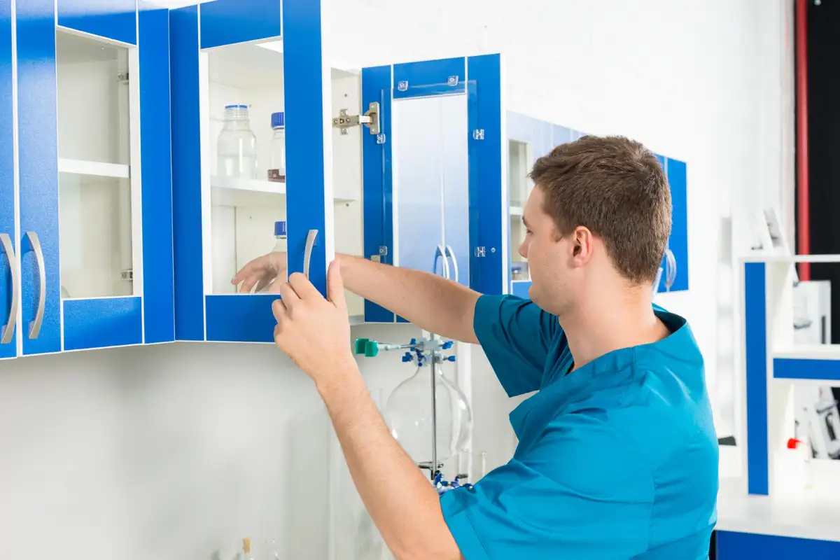 glass door blue kitchen cabinets 