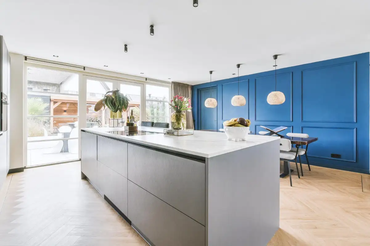 grey and blue tones kitchen cabinets