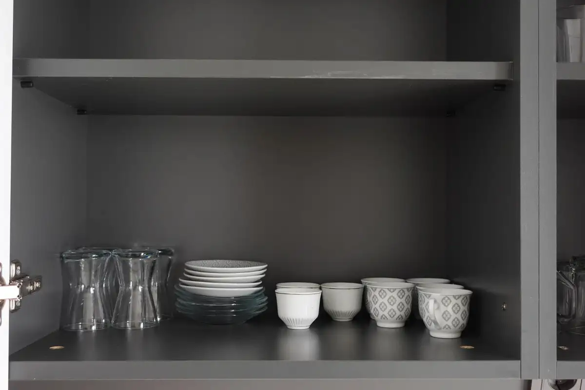 grey cabinets with open shelves