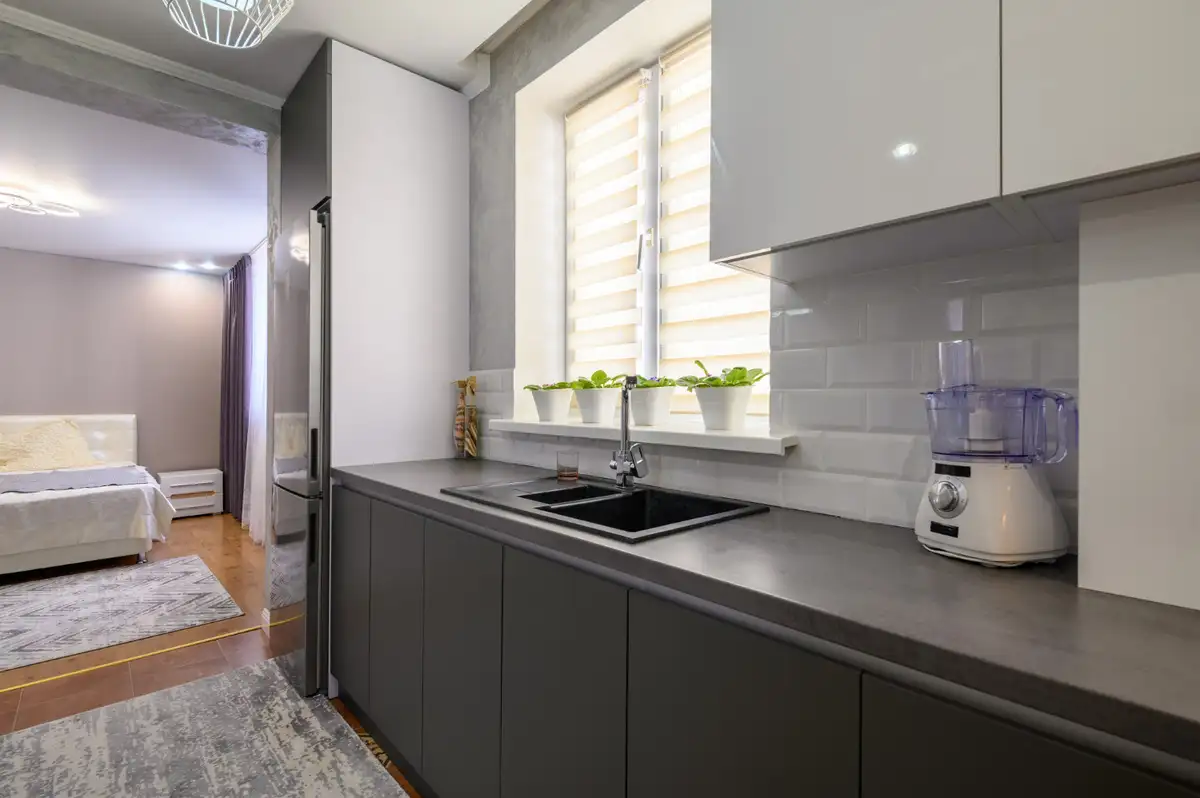 grey cabinets with shiny surface