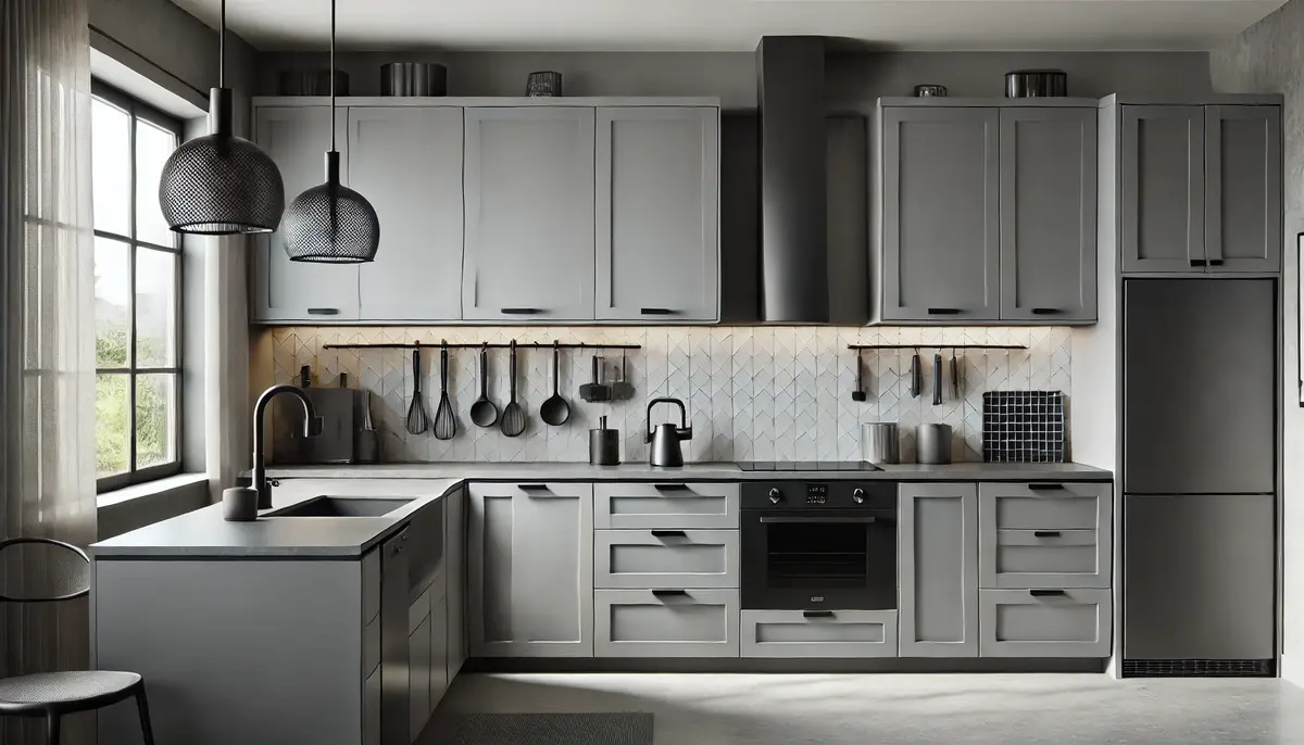 grey kitchen cabinets with black accessories
