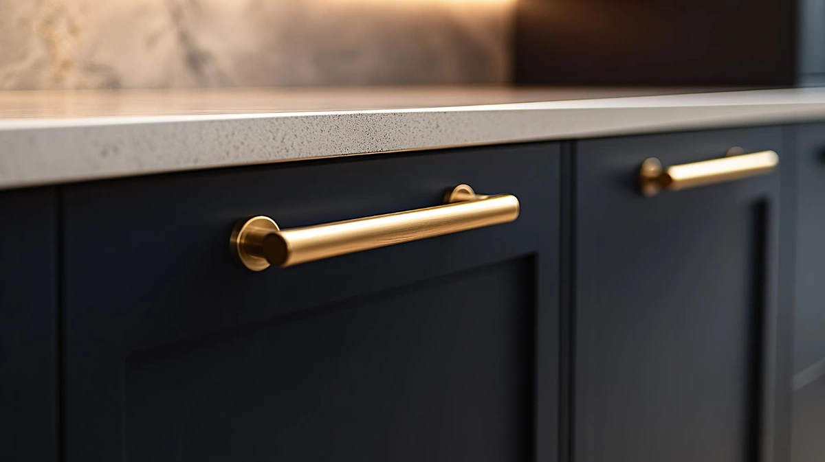 grey kitchen cabinets with gold or copper handles