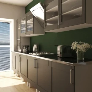 grey kitchen cabinets with galasses