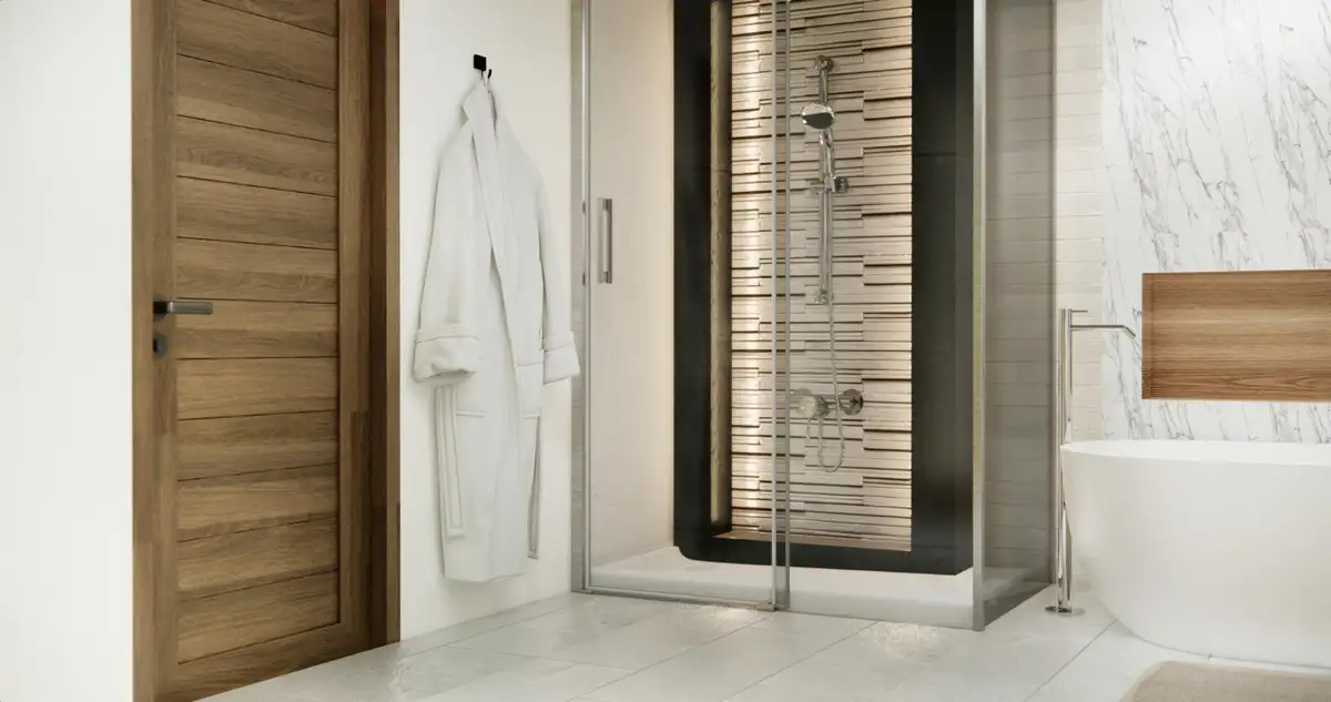 in bathroom Contrasting Materials used in Walk-in Shower