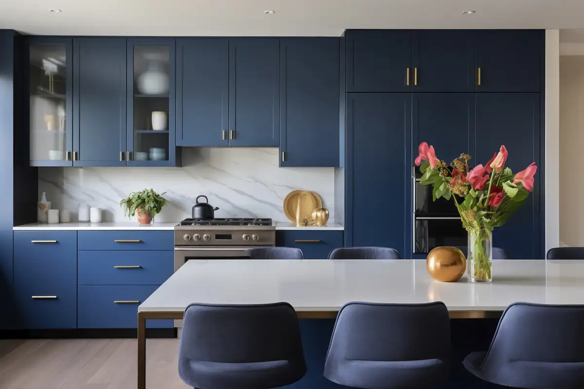 kitchen has dark blue cabinets