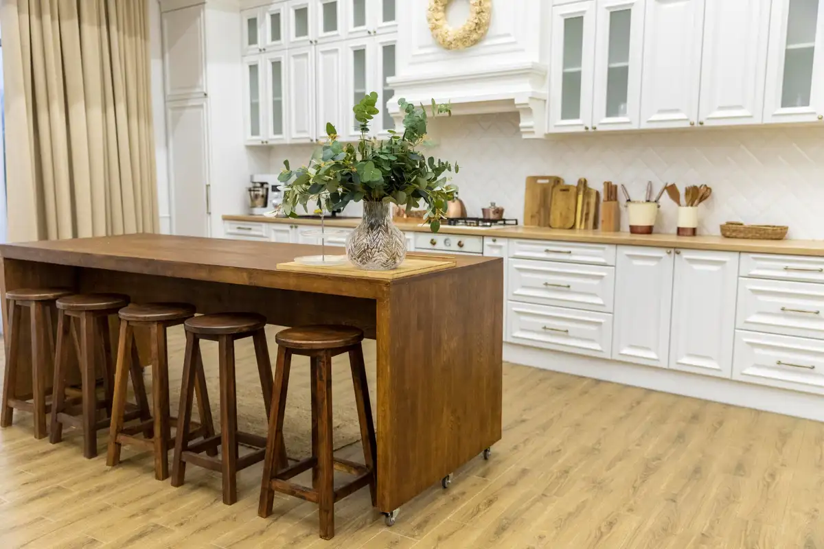 kitchen has wooden island 