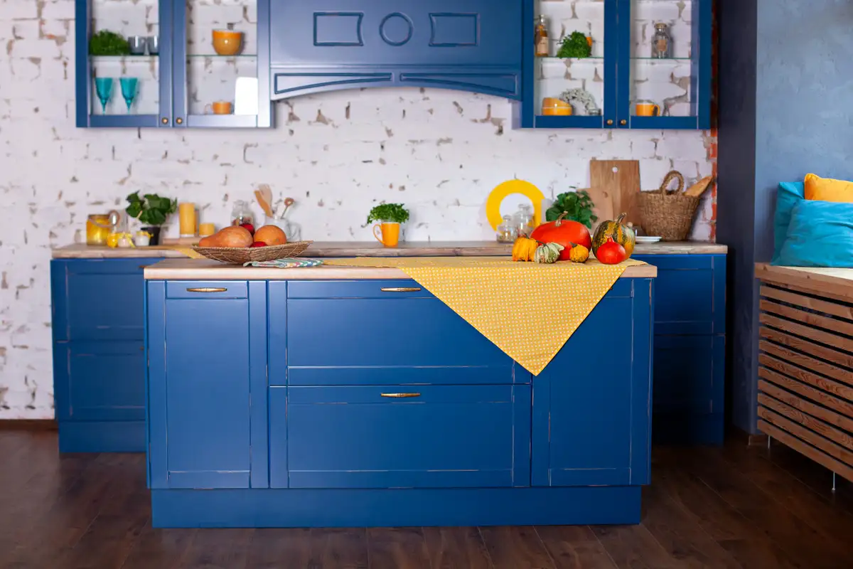 kitchen with blue island
