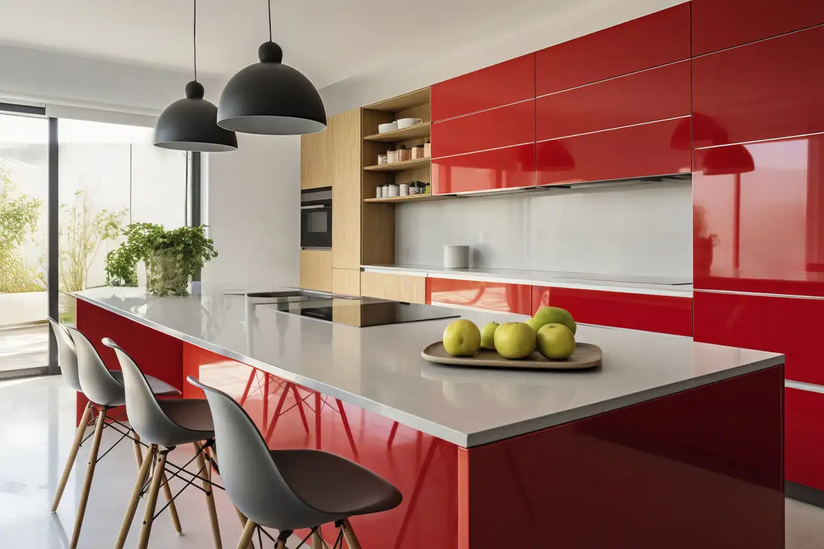 kitchen with different colors in the cabinets and island