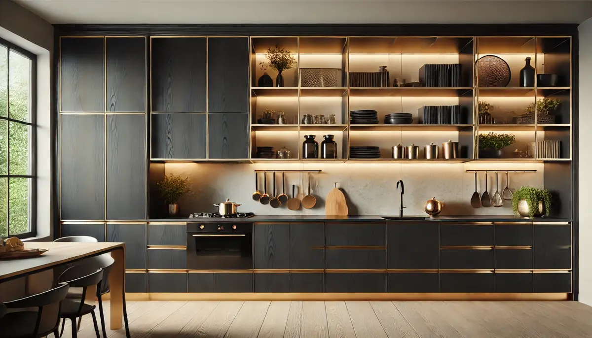 luxurious black cabinets with open shelves and metal details