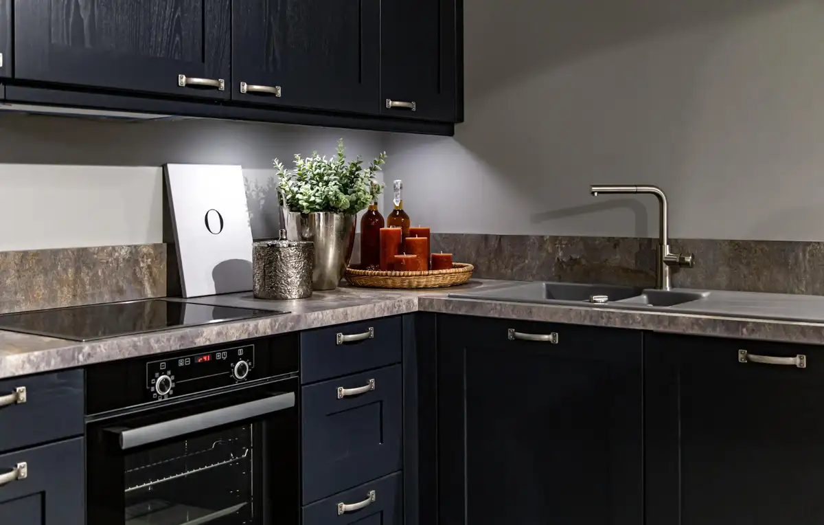 Matte black kitchen cabinet