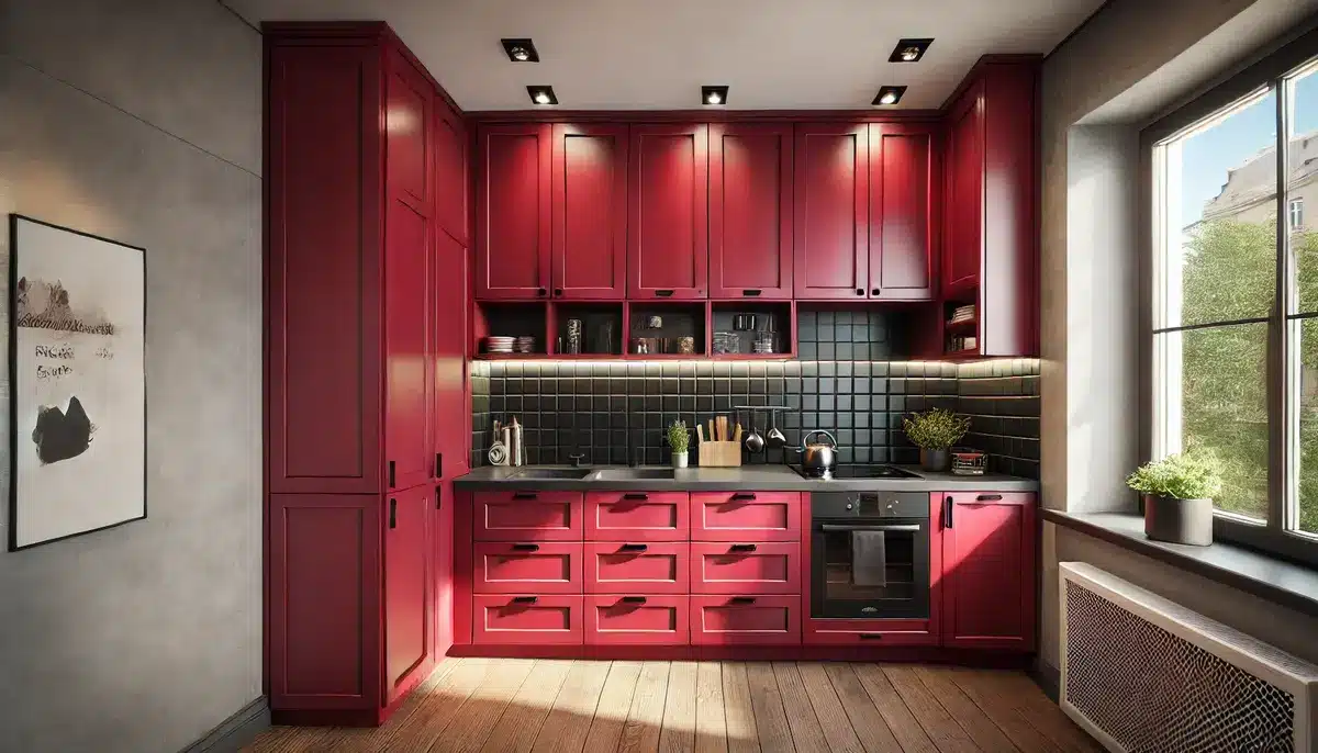 red kitchens vertical spaces utilized with cabinets