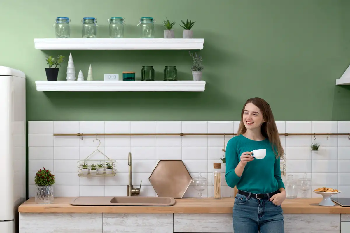 small kitchen with open shelf design