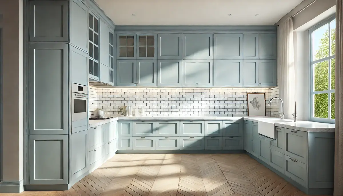 light blue cabinets  kitchen and white tiles