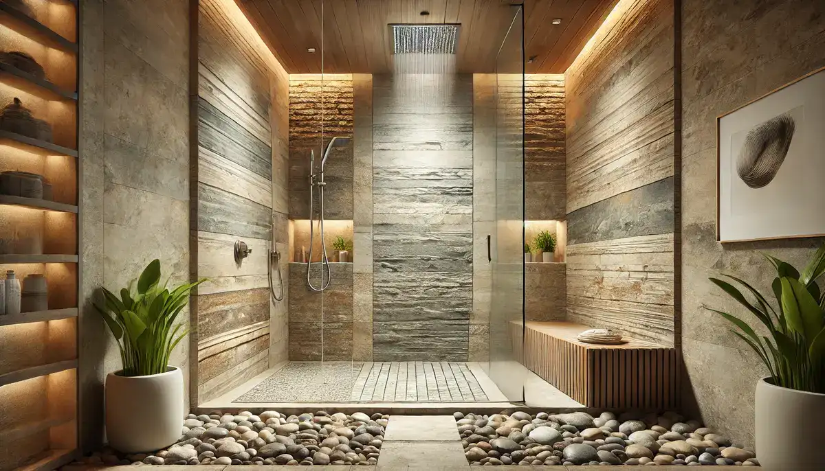 22 Stylish Walk-In Shower Ideas in 2025 8 walk in bathroom with natural stones on the surfaces
