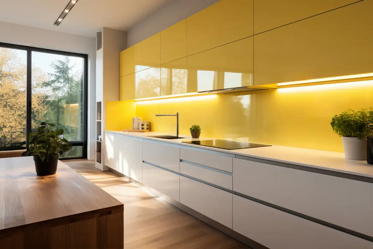 white lower cabinets combining the upper cabinets with a red color.