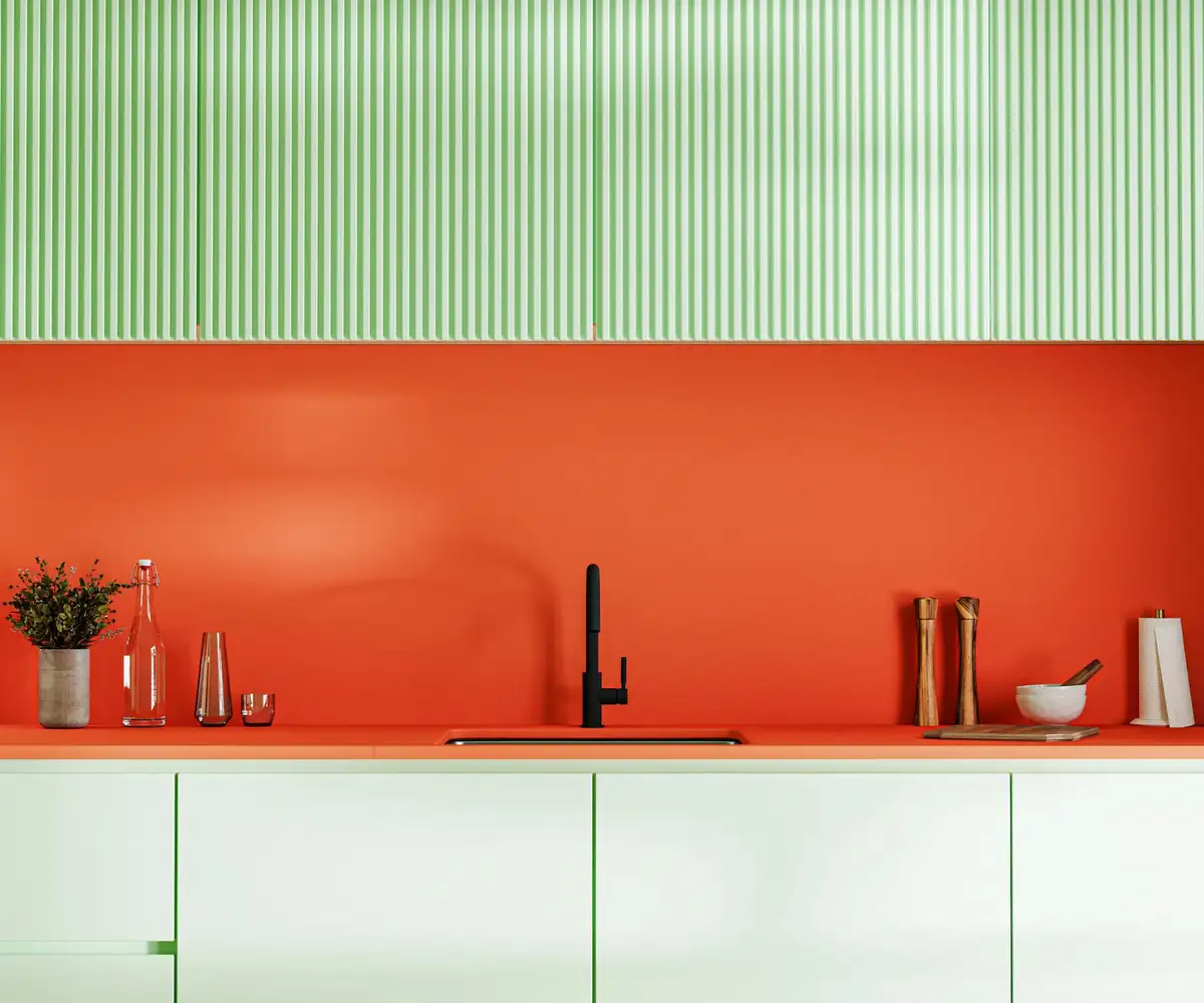 kitchen design with vivid colors to make it seem larger