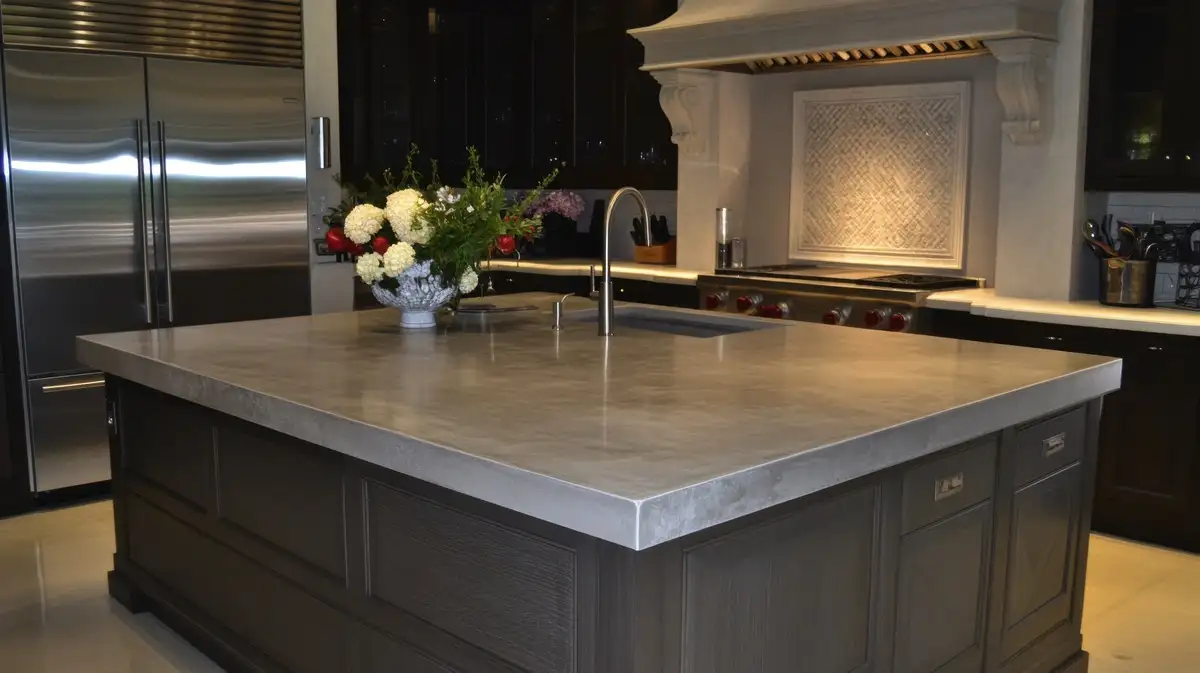 kitchen with grey zinc countertop
