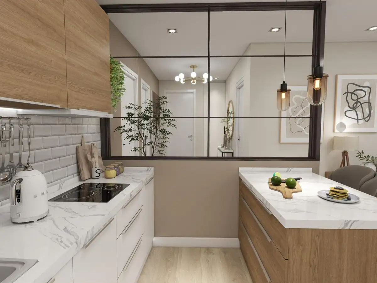 mirror hangs on the floor of white large kitchen