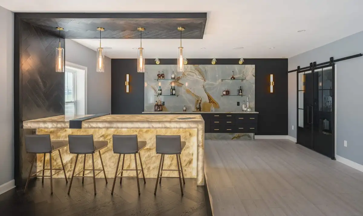 Stylish kitchen with transparent furniture and island