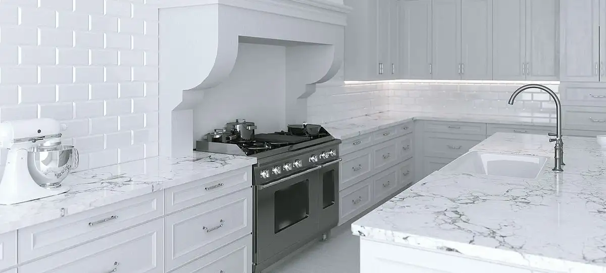 white marble countertops in recently renovated kitchen