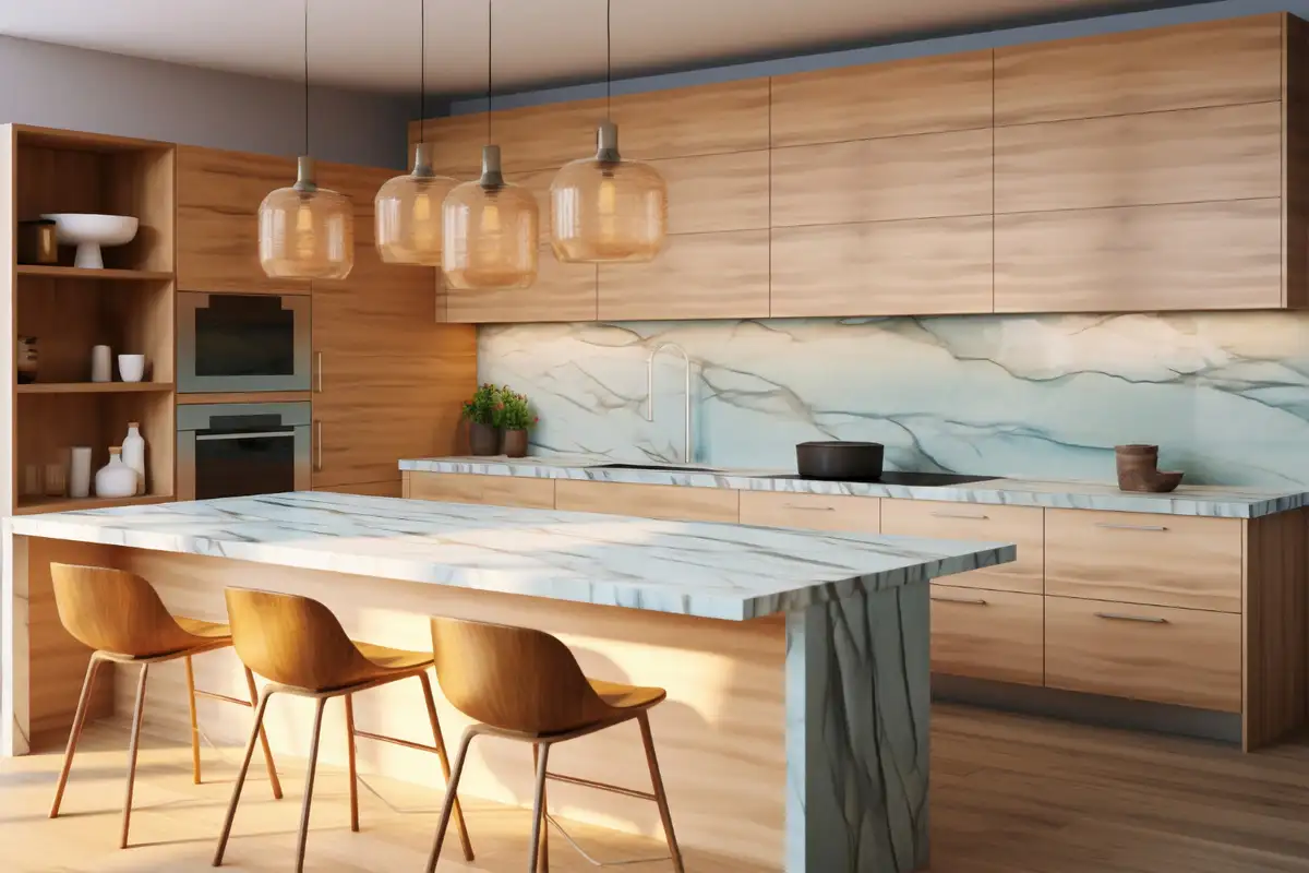 oak cabinet kitchen with white countertops