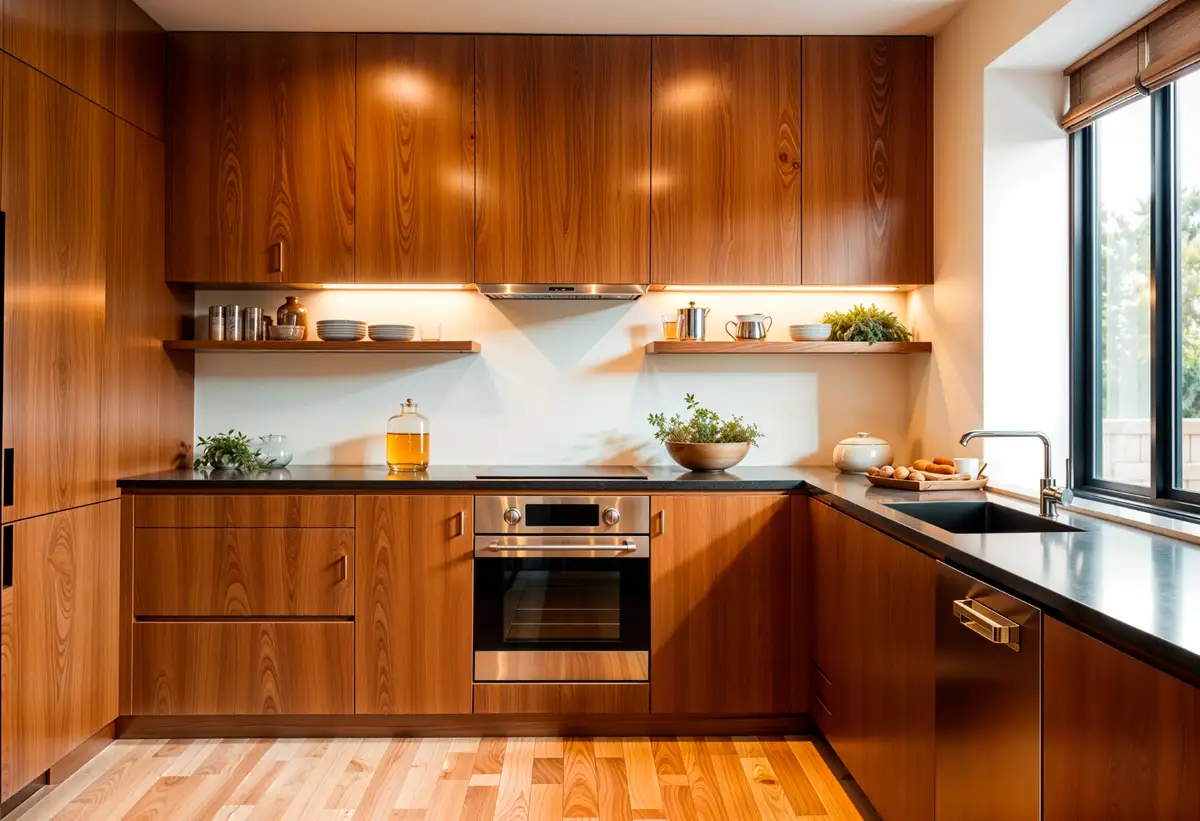 oak cabinets with well lighted kitchen