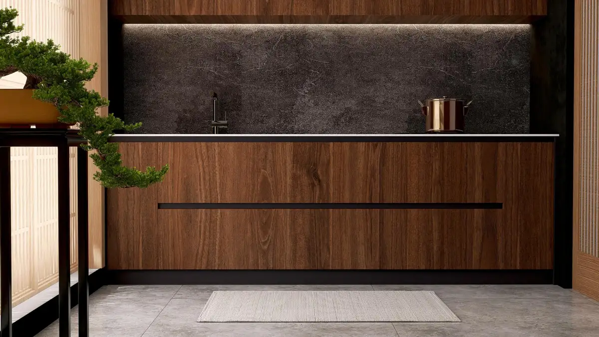 oak kitchen cabinets with dark backsplash design