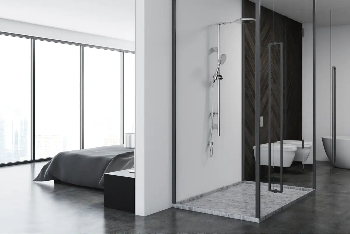 shower with black tiles