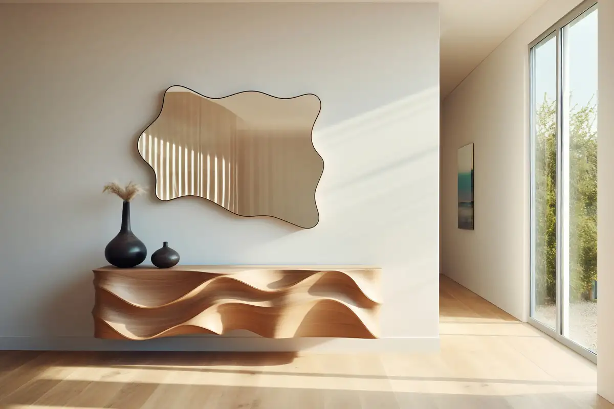 living room with frameless mirrors