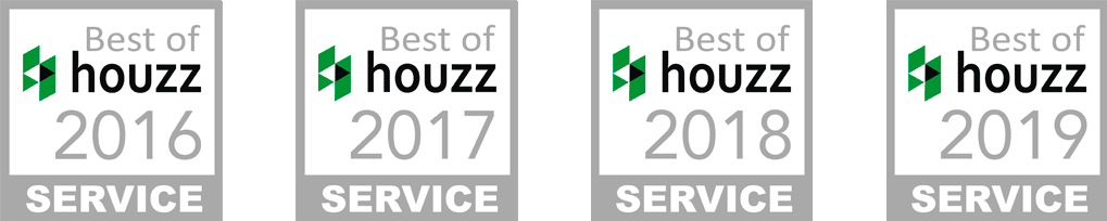Collection of Best of Houzz Service award badges for 2016, 2017, 2018, and 2019.