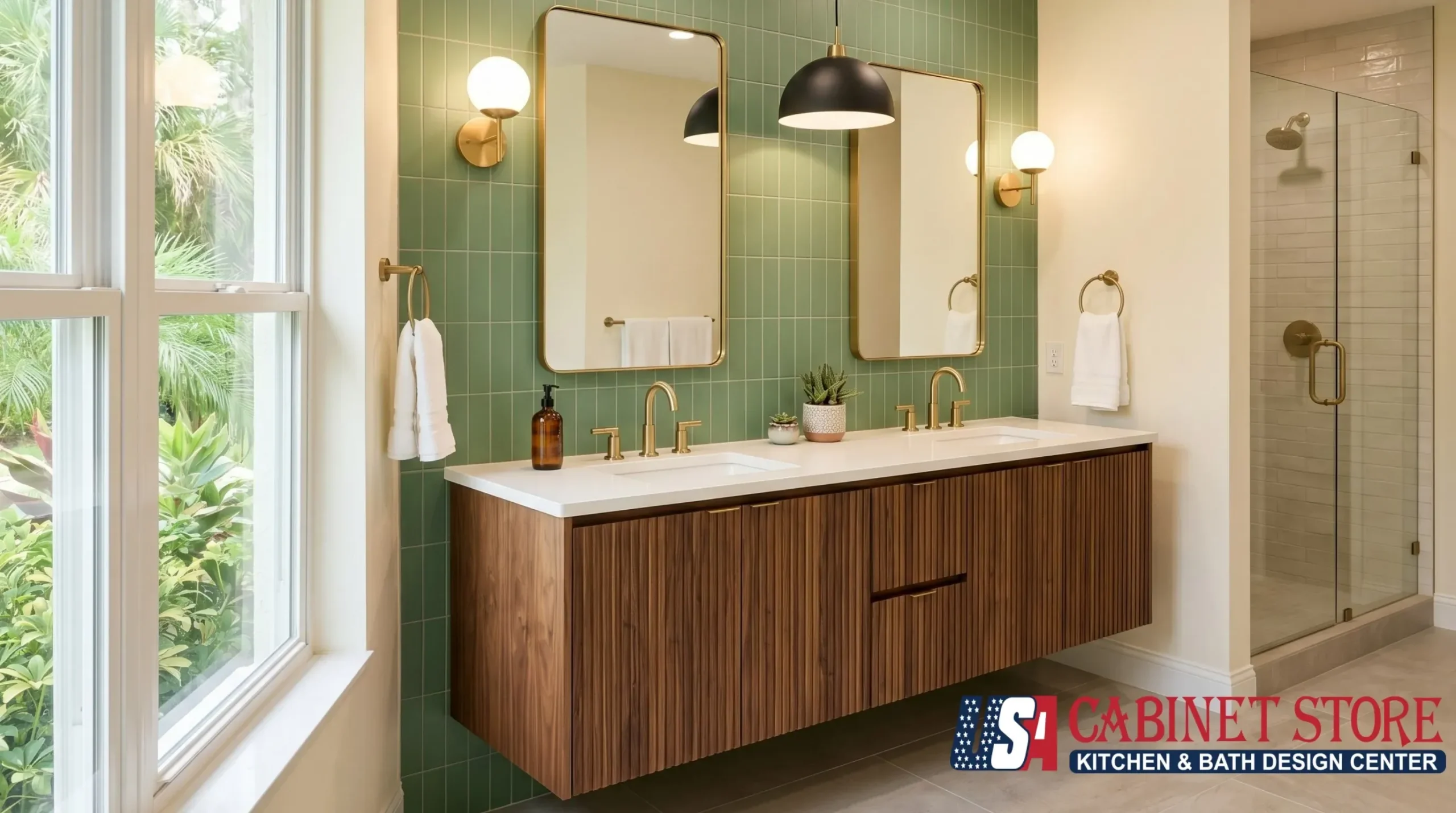 Master Bathroom Remodel in Orlando: Ideas, Costs & Materials 11 orlando-master-bathroom-double-vanity-green-tile-mid-century